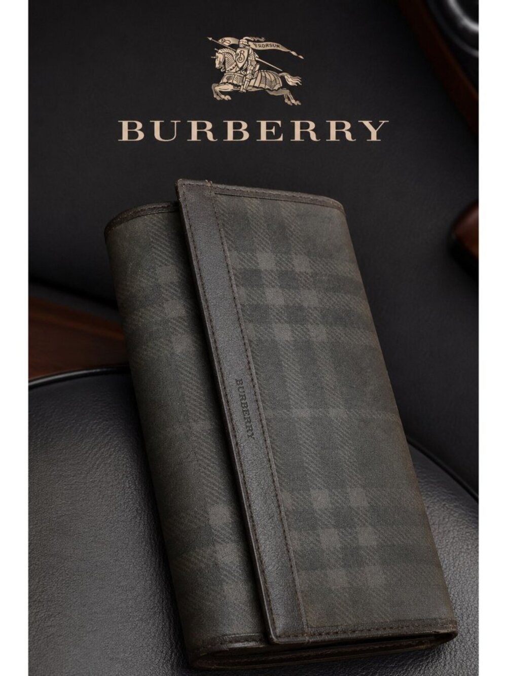 Burberry Black Label Check Long Continental Wallet Leather Snap Closure Black